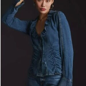 Anthropologie Pilcro Long Sleeve Denim Shirred-Waist Ruffle-Neck Shirt SZ L